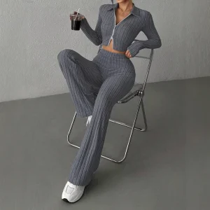 Fall Fashion Solid Knitted Women’s Sweatpants Zipper Cropped Coat Two Piece Set Tracksuits Jogger Ribbed Anti pilling Loungewear