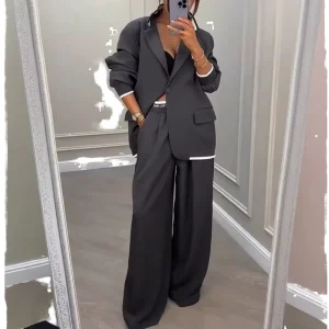 Fall New Arrival Women’s Gray Commuter Fashion Long Sleeve V-neck Blazer & Trousers 2-Piece Eco-Friendly Elegant for Fashion