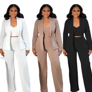 Fall Pearl Embellished Women’s 3 Piece Suit Business Casual One Button Blazer Camisole and Wide Leg Pants Set