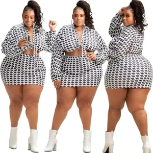 Fall Plus Size Women Clothes Casual Geometric Print Long Sleeve Two Piece Skirt Set