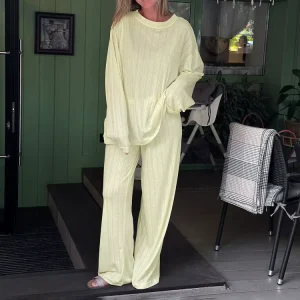 Fall Polyester Cotton Jacquard Knitted Ladies Nightwear Loungewear Women’s Breathable Sleepwear Pajamas Set For Women