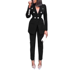 Fall Solid Color Long Sleeve Blazer Long Pants Women Blazer Set