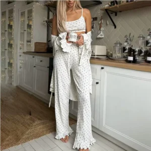 Fall Winter New Designs Loungewear Women Soft High Quality All Over Printed Long Sleeve Shirt Camisole Pants Pajamas Set