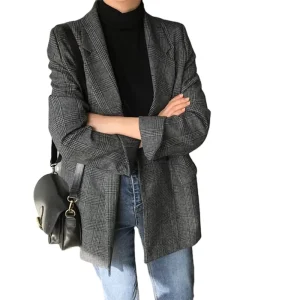 Fall Winter Spring Women’s Blazers Plaid Double Breasted Pockets Formal Jackets Checkered Outerwear Tops