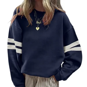 Fall Winter Striped Color Block Drop Shoulder Pullover Womens European AmericanStyle Casual Loose Fit Sweatshirt