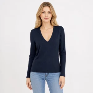 Fall Winter Style Women Navy Blue V Neck Ribbed Long Sleeve Top Rayon Polyester Athleisure Women Knitwear Slim Basic Ladies Tops