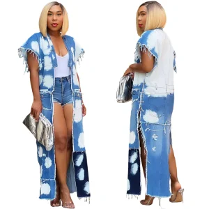 Fall Winter Unique Short Sleeve Long Split Jeans Jacket With Chain Loose Fit Blue Patchwork Denim Jeans Women’s Jackets