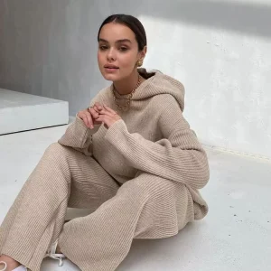 Fall Winter Woman Knit Sweater Knitwear Two Piece Pants Set Loungewear Knitted Women Hooded Sweater Suits Set for Ladies