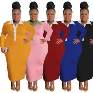 Fall Women Clothes Plus Size New Arrivals Solid Color Lapel Sexy Skinny Plus Size Women’s Dress