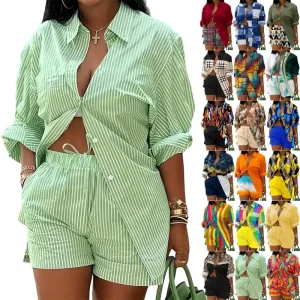 Fall Women Set Plus Size Women Clothing Ladies Long Sleeve Two Piece Printed Shirt Shorts Casual Loose Women’s Sets
