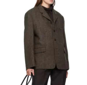 Fall Women’s Blazer Woolen Notched Lapel Padded Shoulders Button Closure Suit