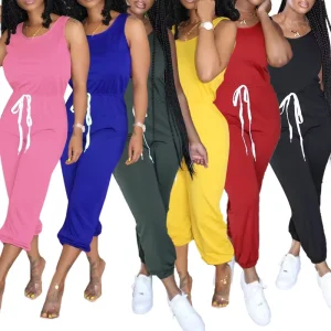 Fall Women’s Clothing Drawstring Sleeveless Round Neck Solid Color Plus Size Sports Casual Women Jumpsuit