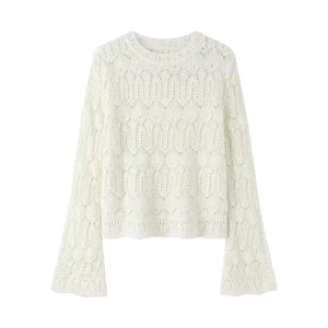 Fashion Casual Mock Neck Elegant White Hollow Blend Cotton Wool Mohair Women Knit Sweater Pullover