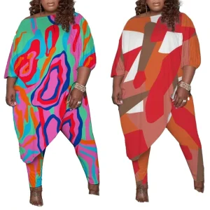 Fashion Casual Plus Size Women’s Clothing Sexy Slim Color Graphic Print 2 Piece Pants Set