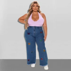 Fashion Casual Plus Size Women’s Denim Clothing Butterfly Print High Waist Ripped Wash Plus Size Women’s Jeans