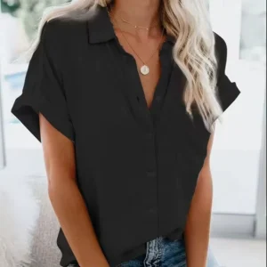 Fashion Casual Solid Color Short Sleeve Women’s Lapel Button Shirt Loose and Slimming New Style T Shirt Top for Women