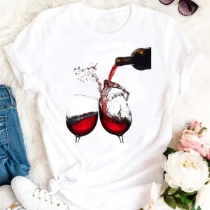 Fashion Clothes Print T Shirt Graphic Short Sleeves Wine Lady Cartoon White Female T Shirt