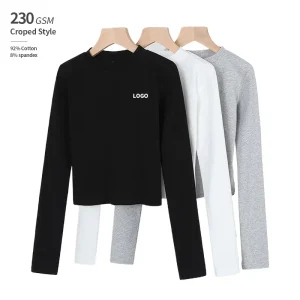 Fashion Cotton Women’s Crop Top Clothing Manufacturers Custom 230 Grams Heavyweight Long Sleeves t Shirt for Ladies