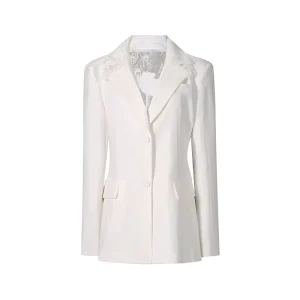 Fashion Elegant Casual Translucent Hollow Lace Embroidery Splice V-neck Ladies Blazers Lace-up Women Blazer White Black