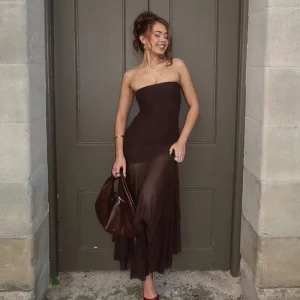 Fashion Evening Gown Strapless Sleeveless Dress Pleated Bodycon Mesh Panel Women Sexy Dress
