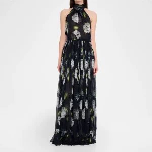 Fashion Factory Custom Clothing Women’s Black & White Sheer Chiffon Floral Halter Sleeveless Flowy Maxi Dress