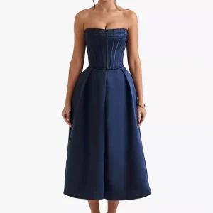 Fashion Factory Custom New Design Women’s Elegant Formal Style Navy Strapless Flared Hem Midi Dress