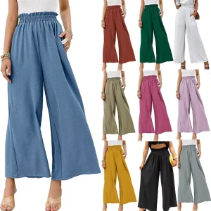 Fashion Full Length Casual Pants for Women Wide Leg Solid Summer Pants High Elastic Waist Breathable Regular Fit