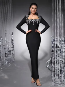 Fashion Hand Beading High Quality Celebrity Evening Sexy Long Sleeve Women’s Party Dress