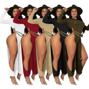 Fashion High Stretchy Rompers Women Jumpsuit Long Sleeve High Split Hollow Out Women One Piece Jumpsuits Sexy Women Jumpsuits