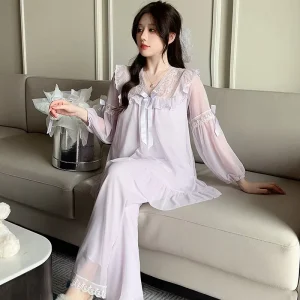 Fashion Lace Mesh Ladies Loungewear Luxury Loose Sleepwear Long Sleeve Romantic Nightgown Women’s Pajamas Set