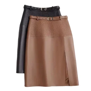 Fashion New Design Medium Length Stylish Genuine Leather Skirt for Women