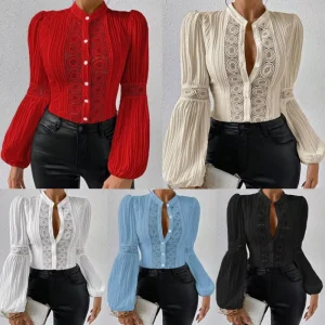 Fashion Plus Size Women’s Clothing Lace Splicing Lantern Long Sleeve Solid Color Stand up Collar Women’s Shirt