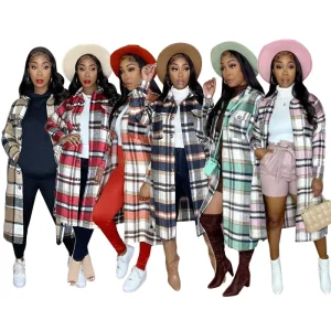 Fashion Plus Size Women’s Thicker Coat Winter and Autumn Long Plaid Coat Women’s Warm Casual Coat Jacket