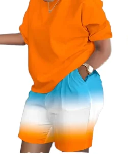 Fashion Print Women’s Polyester T-Shirt & Short Outfits Summer Solid Plaid Pattern Plain Dyed Eco-Friendly Short Sets for Women