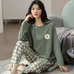 Fashion Printing Soft Comfortable 2 PCS Pajamas Set Women Long Sleeve Women’s Sleepwear for Home Outdoor Wear
