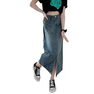 Fashion Retro High Waist Slimming Split Design Denim Skirt Women’s Summer New Vintage All-match A-line Quick Dry