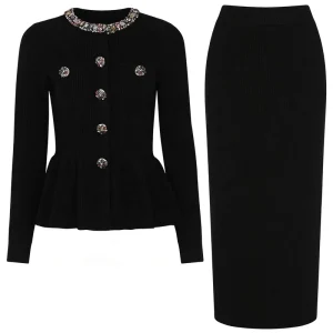Fashion Rhinestones Knit Cardigan Solid Pencil Skirt Women’s Sweater Set Exquisite Elegant Two Piece Women’s Sets