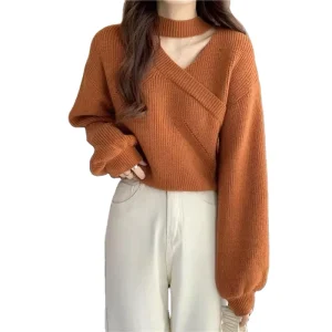 Fashion Sexy V neck Off Shoulder Cross Neck Sweater Loose Women’s Autumn Winter Lantern Sleeve Knitted Sweater