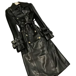 Fashion Streetwear Long Cloth Notched Full Sleeve Double breasted Women Black PU Windbreaket Coat With Belt