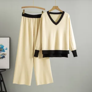 Fashion Suit Women’s Autumn Winter New Loose Casual Anti Wrinkle V neck Viscose Full Length Patchwork Color Matching Sweater Set