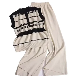 Fashion Suit Women’s Sleeveless Stand Up Collar Slim Fit Striped Sweater Top Two Piece Casual High Waist Wide Leg Pants