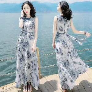 Fashion Summer Ladies Sleeveless Holiday Beach Dress Women’s Causal Loose Print Long Maxi Dresses Women