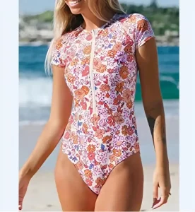 Fashion Summer One-Piece Swimsuits for Women Crew Neck Short Sleeve Beachwear Floral Leopard Print Zipper Tankini Spandex Nylon