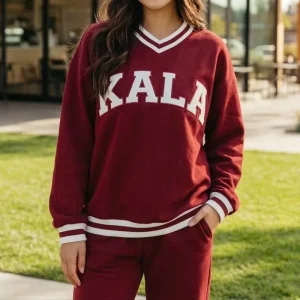 Fashion V Neck Logo Print Sweatshirt for Women Casual Long Sleeve High Stretch Casual Pullover with Contrast Cuff