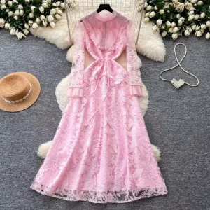 Fashion Women Clothes Korean Designer Lace Dress Long Sleeve Slim A-Line Women’s Office Elegant Casual Dress