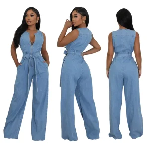 Fashion Women Jumpsuit One Piece Sleeveless Denim Jeans Jumpsuits Women Loose Casual Zipper Bandage Jumpsuit