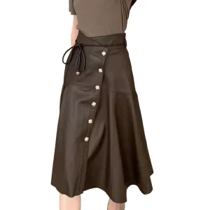 Fashion Women Long Sheepskin Skirts High Waist Leather Skirts for Ladies