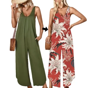 Fashion Women Romper With Pockets Loose Wide Pants Breathable Fabric Custom Print Women Jumpsuit