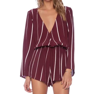 Fashion Women Rompers Chiffon Stripe Deep V Neck Long Sleeve Sexy Mini Jumpsuits