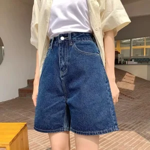 Fashion Women Summer High Waist Denim Shorts Jeans Button Zipper Slim Pockets Loose Short Pant Solid Color Straight Shorts